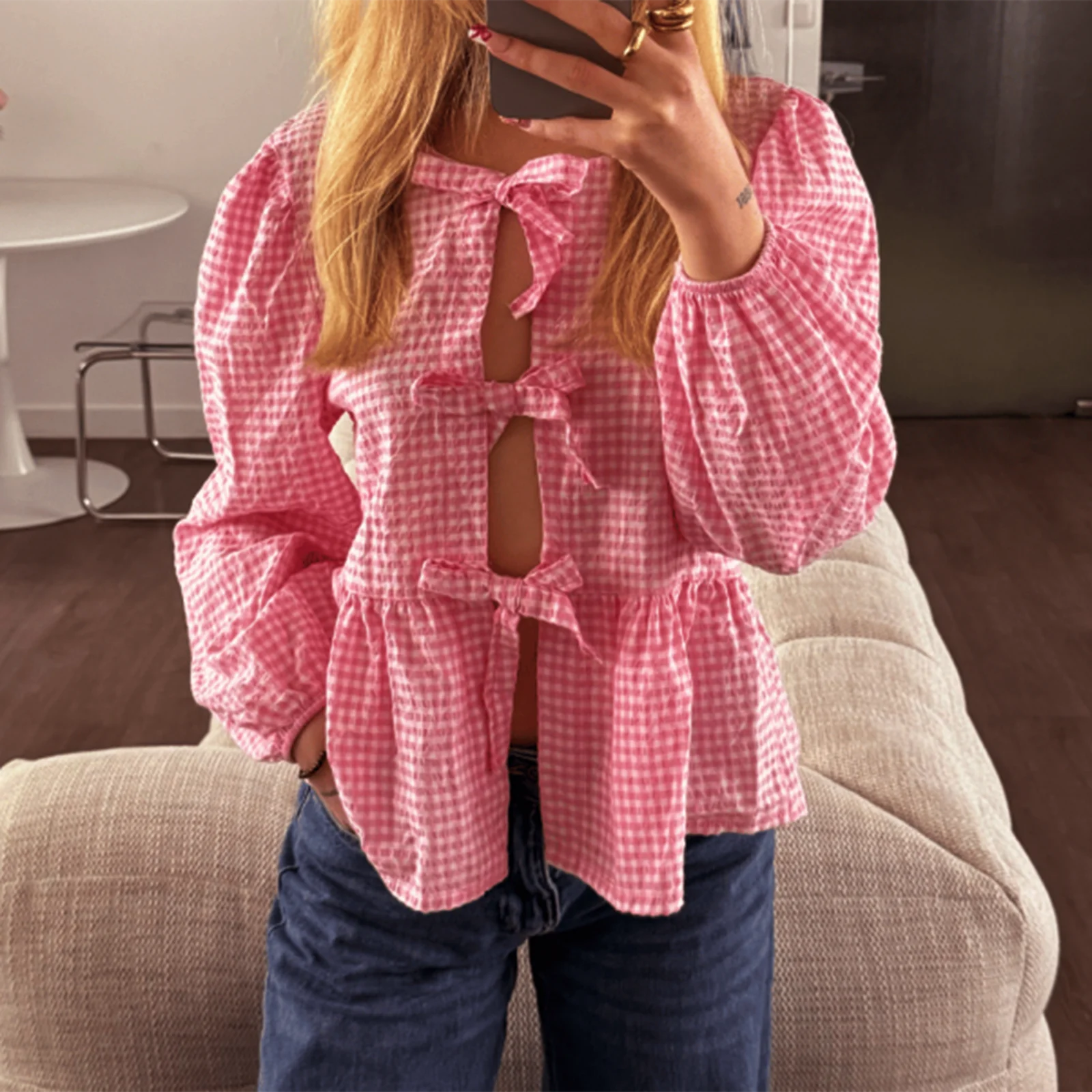 Kawaii Babydoll Crop Tops Vintage Plaid Front Tie-Up Ruffled Blouse Tees Y2K Fairycore Loose Fitting Long Sleeve T-shirt Women