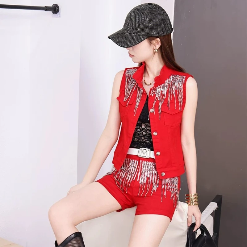 Women's Fashion Vest Set 2026 Spring & Autumn New Korean Style Tassel Sequin Short Mid-Waist Slimming Shorts Trendy