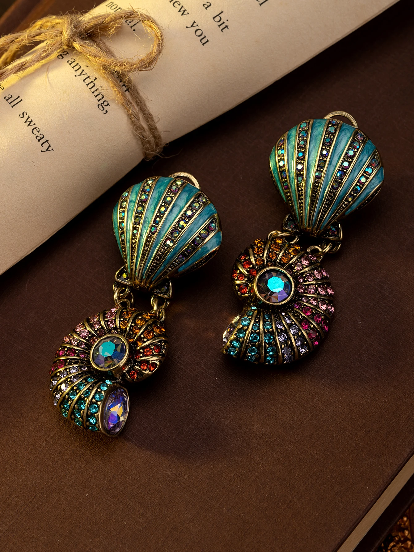 Vintage enamelled rhinestone shell earrings