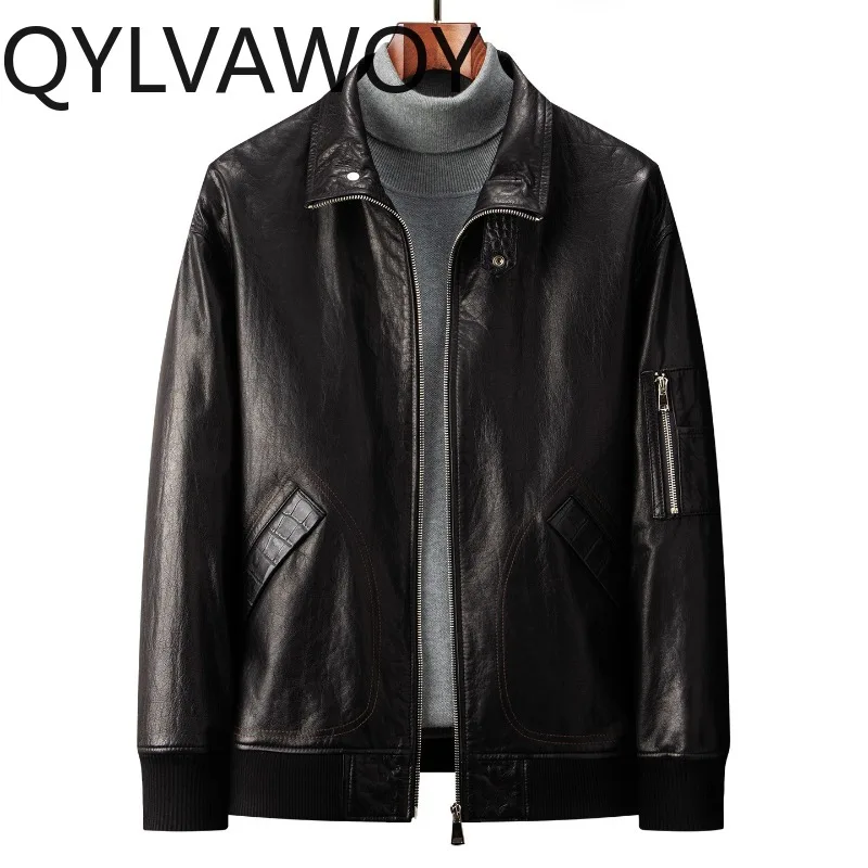 

QYLVAWOY 100% Real Cowhide Coat Man Clothing 2026 Fashion 100% Genuine Leather Jacket Men Lapel Short Leather Jackets Streetwear