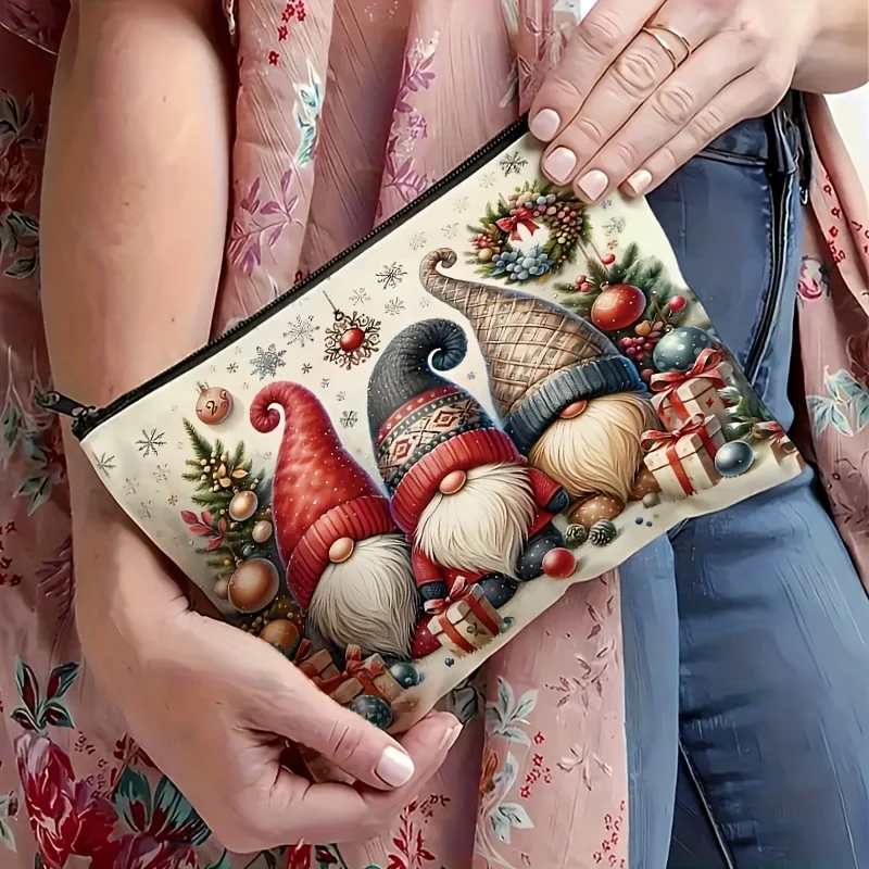 Christmas Three Gnomes Print Makeup Bag Xmas Gnome Dwarf Cosmetic Pouch Holiday Gift Wreath Snowflake Travel Zipper Storage Bags