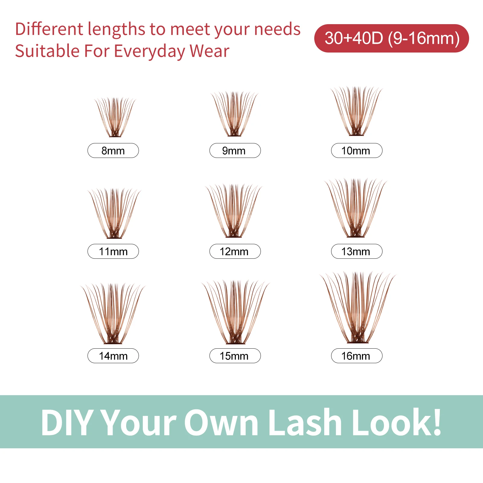 FADVAN Lashes 30D+40D Brown 14 Row Cluster Lashes Upper Lower 0.07 D Mix9-16 Segmented Extens ion DIY False Eyelash