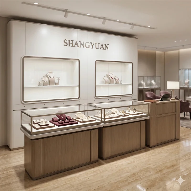 custom.Jewelry Showcases Sale Wall Mounted Light Wood Display LED Premium Fitting Custom OEM