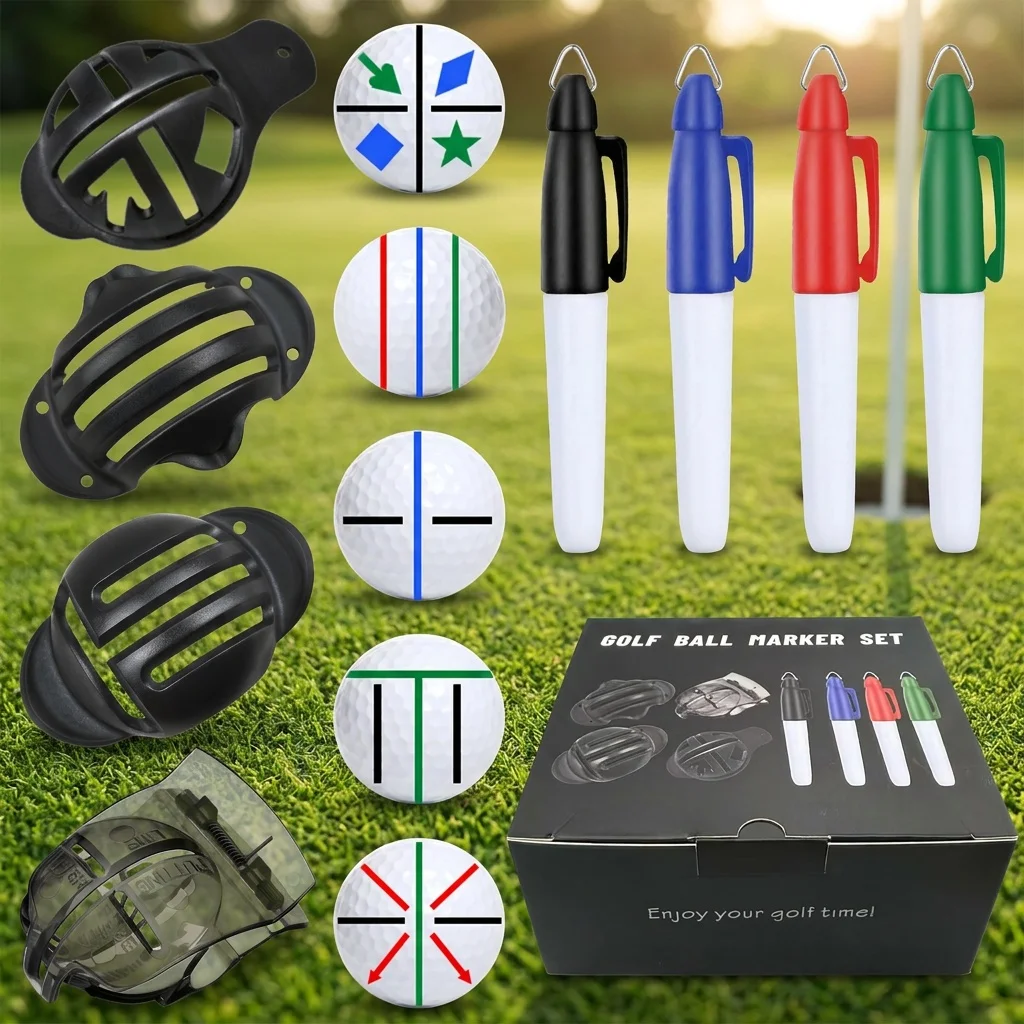 8pcs Golf Alignment Marker Pen Set 4 Templates 4 Multi Color Markers Portable Golf Training Practice Outdoor Sport Accessory Kit