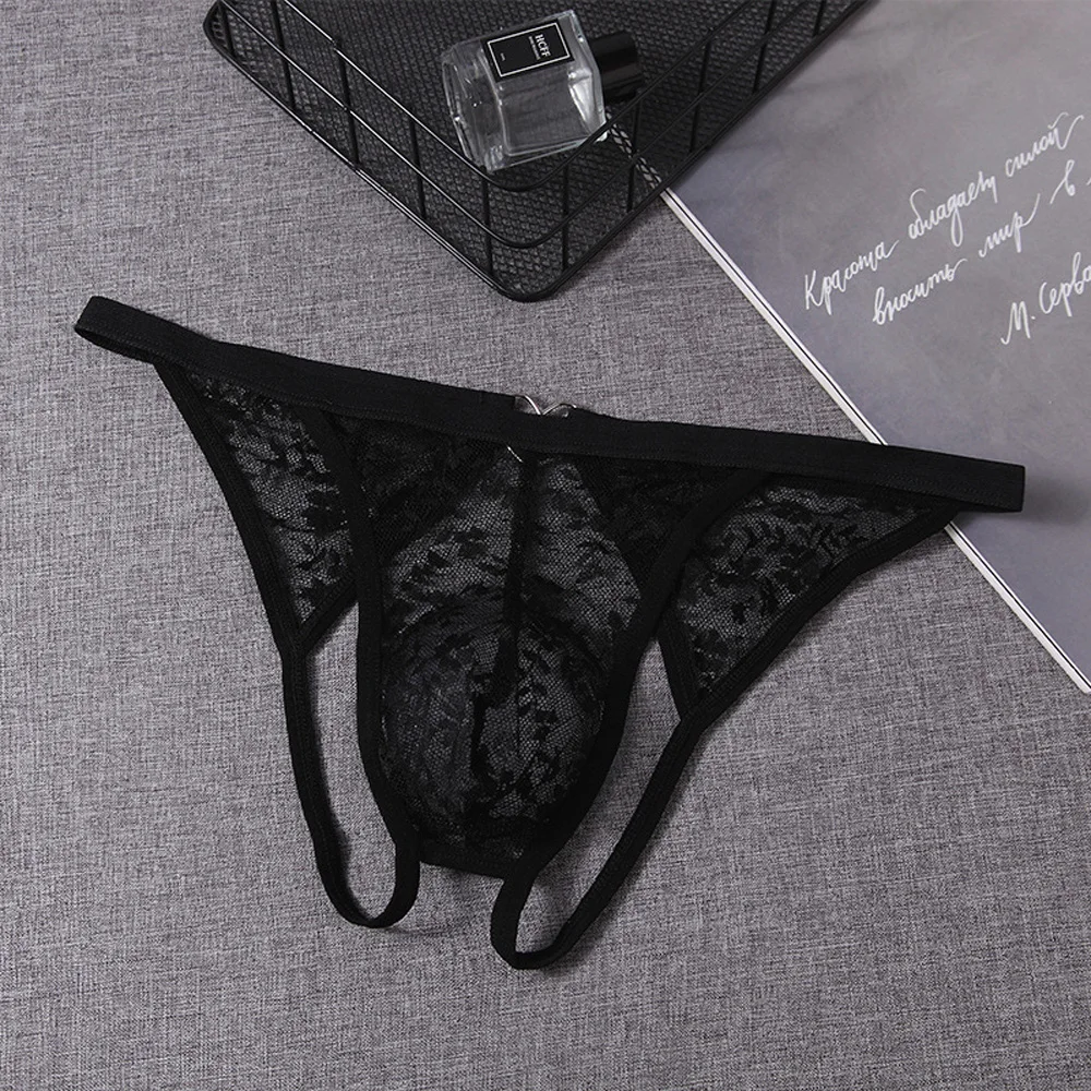 Men's Lace Flower Pattern Sissy G-String Hollow Thong Low Waist Transparent And Breathable Convex Pouch Sexy Open Underwear image 4