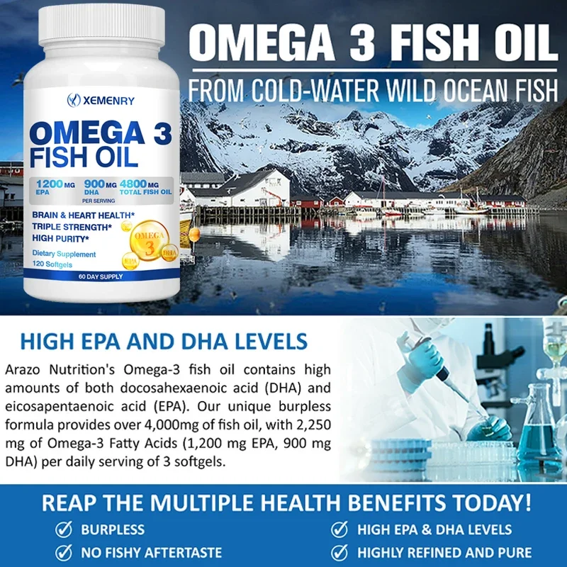 Huile de poisson oméga 3 triple résistance, supplément d'huile de poisson sauvage attrapée et durable, jantes, vitamines avec inondation, DHA