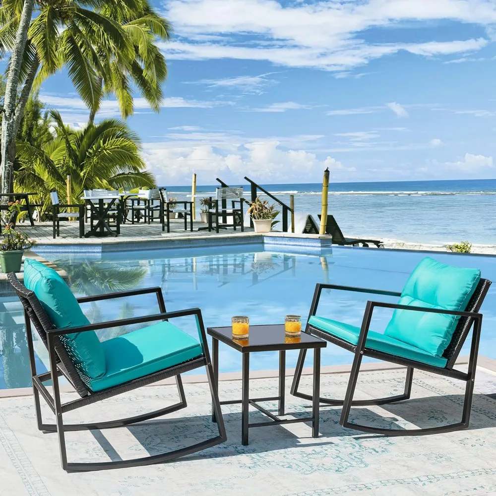 

Patio Chairs 3 Piece Wicker Rocking Chair Outdoor Bistro Sets with Coffee Table and Cushions Metal Frame Patio Furniture