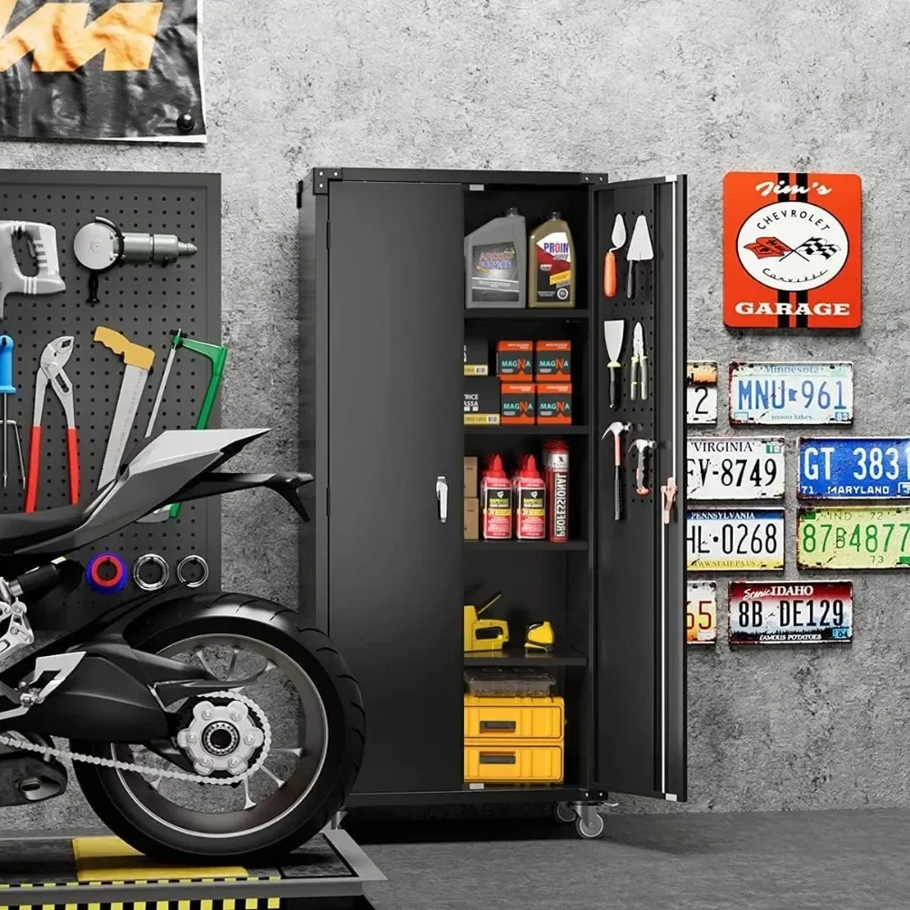 

​​72" Locking Garage Cabinet: Metal Storage with Wheels, Doors, 4 Adjustable Shelves & Pegboard​