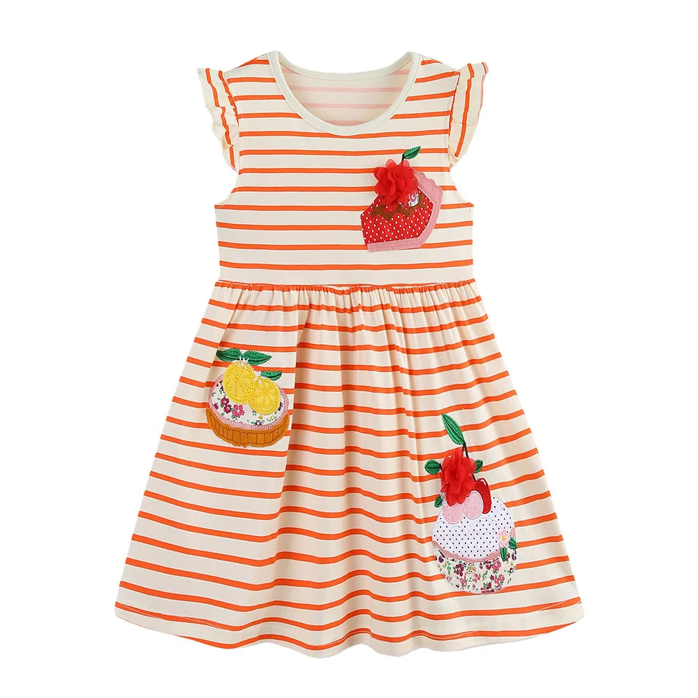 

2-7T Jumping Meters Summer Girls Dresses Striped Applique Embroidery Sleeveless Party Flowers Clothes Toddler Frocks Costume