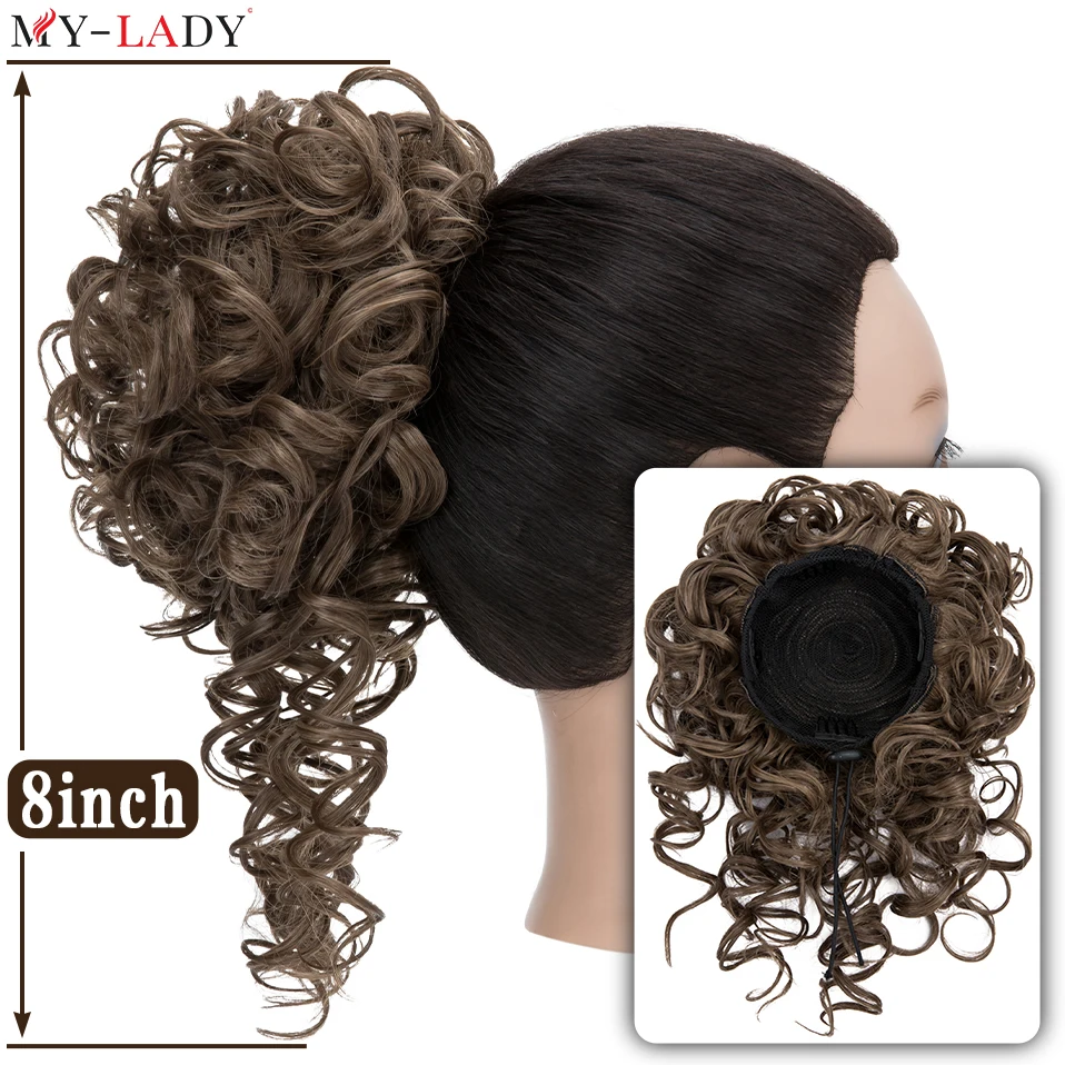 Meu-Senhora Bun encaracolado sintético do cabelo do Chignon, Hairpiece do ponytail do cordão, grampo Kinky em extensões do cabelo com barba longa, 8"