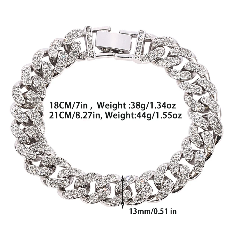 Hip Hop Rock Solid Silver Color Iced Out Chain Cuba Link Bracelets for Men Women Jewelry