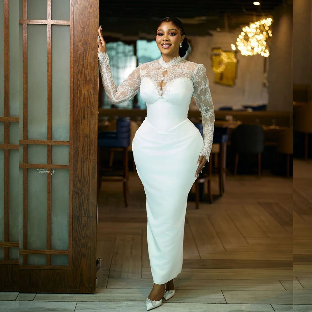 Clean White Civil Wedding Dress for Bride Long Sleeve Ankle Length Lace Satin Court Engagement Nigeria Bridal Gown Customized