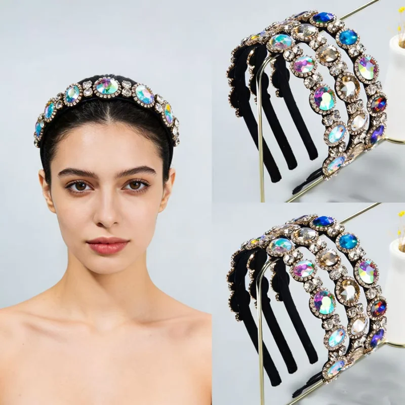 Korean Baroque Style Hair Accessories Super Sparkling Colorful Diamonds Fine Edged Headband Bridal Headpiece Women Hairbands