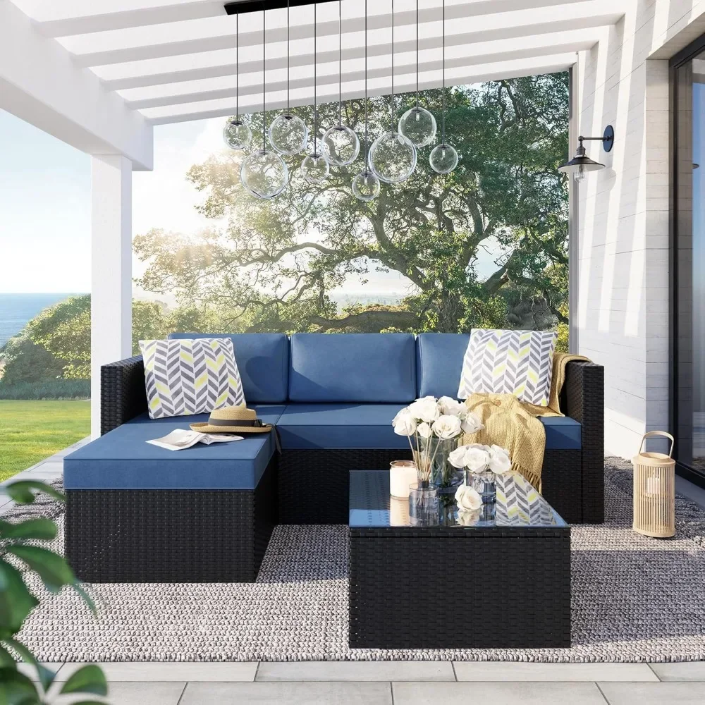 

Patio Furniture Set with Detachable Soft Cushions, Outdoor PE Rattan Patio Conversation Sofa Set, 3-Piece Patio Sectional