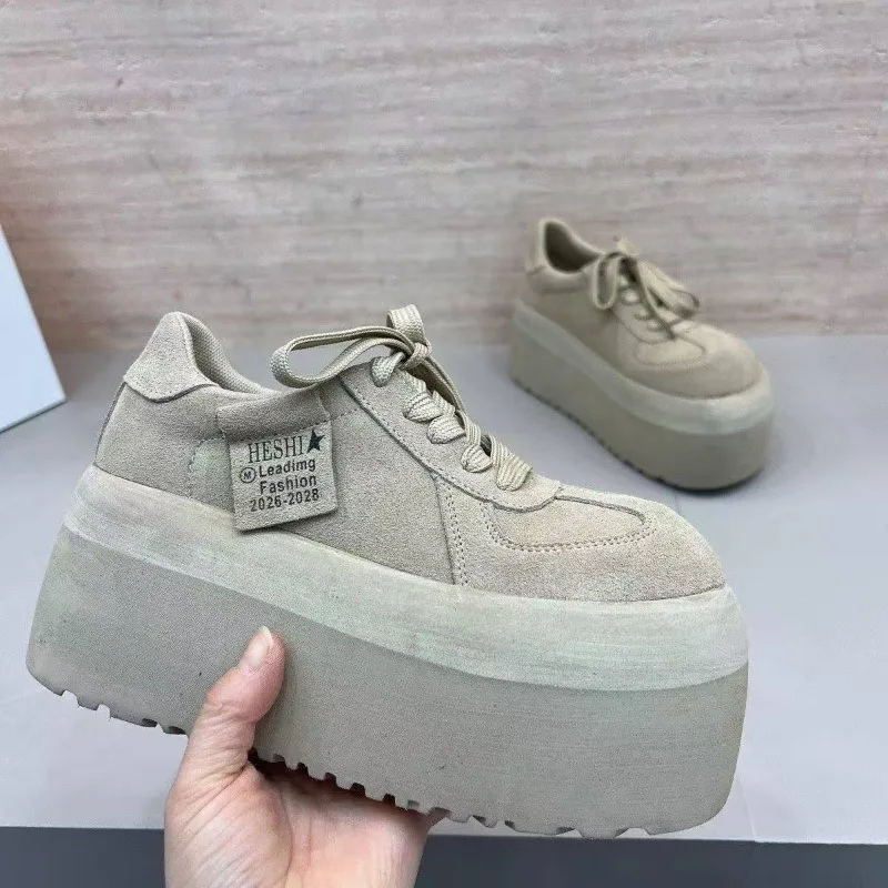 Spliced Platform Sneakers Spring New Round Toe Lace-Up Non-Slip Heightened Low-Top Single view 5