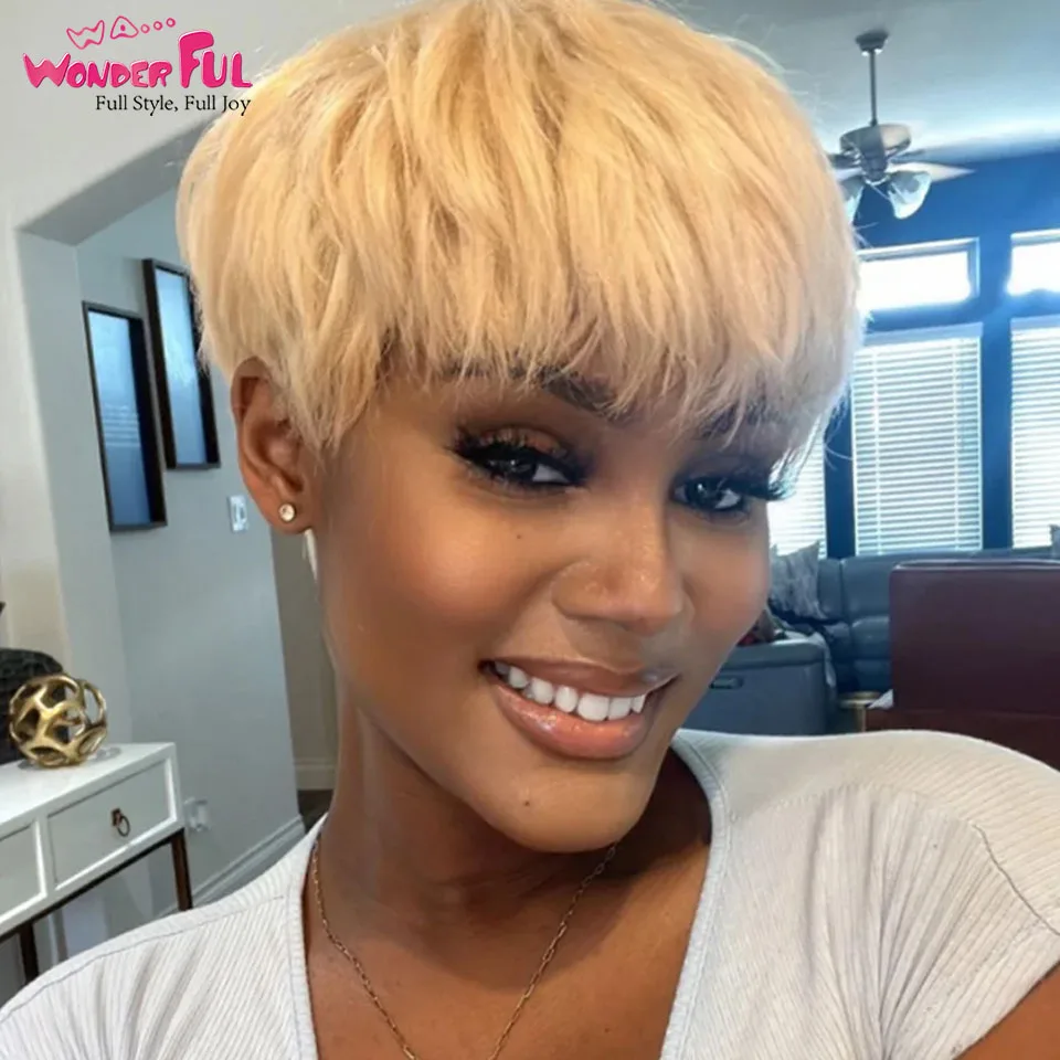 Short Blonde Pixie Cut Human Hair Wigs For Women Straight Colored 613 Pixie Wigs With Bangs Glueless Black Human Hair Non Lace