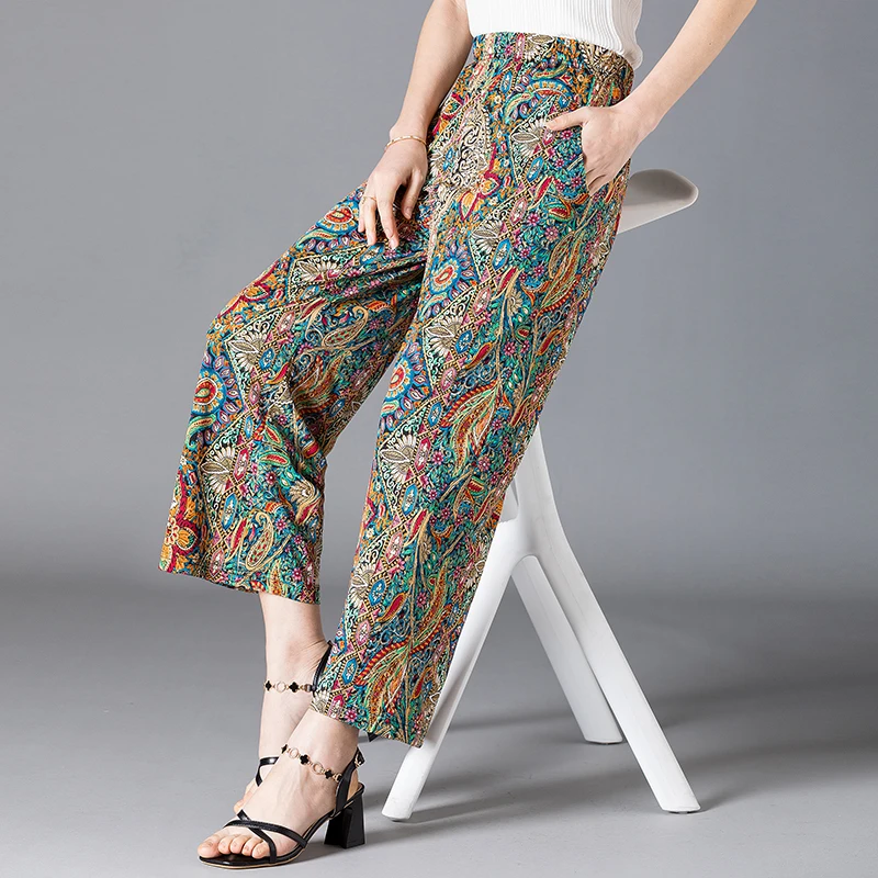 Wide Leg Pants Women Vintage Pants 2023 Korean Casual Bohemian Ankle-Length High Waist Trousers with Sashes Loose Bottoms