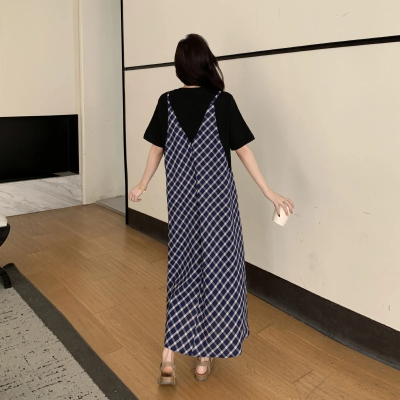 Vestidos de verano de talla grande para mujer, Vestidos falsos de dos piezas con retazos, estilo de vacaciones, camiseta con cuello redondo, ropa informal femenina