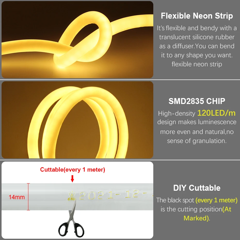 Redonda LED Neon Strip Light para decoração de casa, corda flexível, tubo, SMD 2835, IP67, 1-100m, 220V, 120LEDs por m, 360