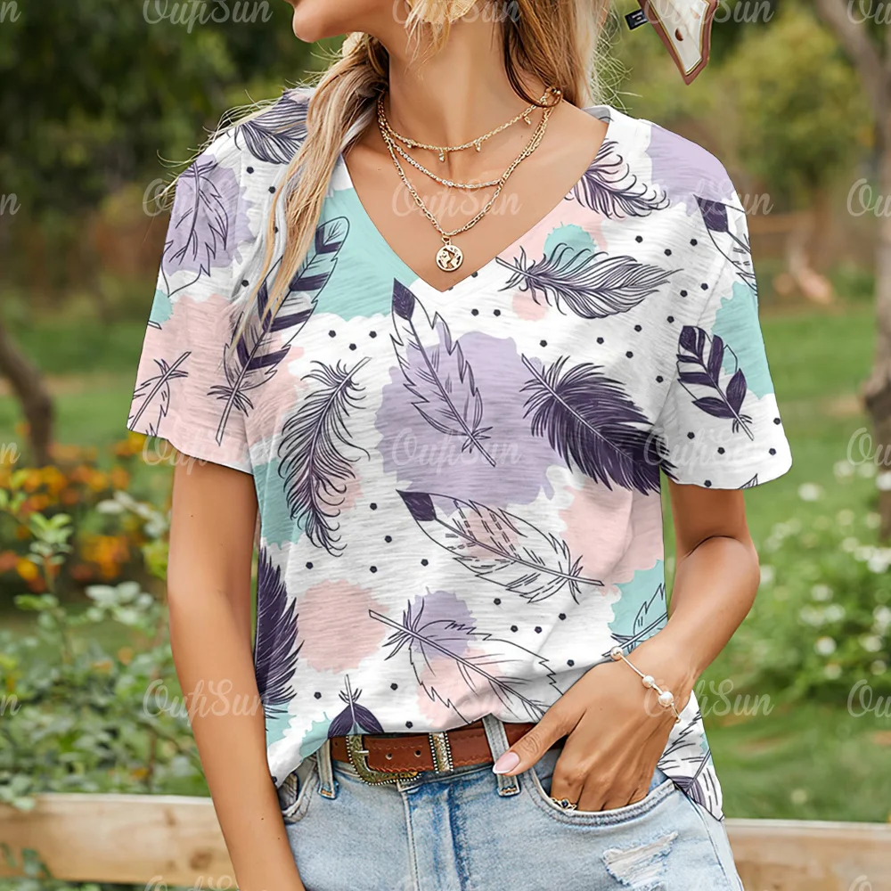 Women's T-Shirt Summer V-Neck Short-Sleeve Tops Fashion Feather Pattern 3d Print Casual Daily Tees Oversized Female Clothing