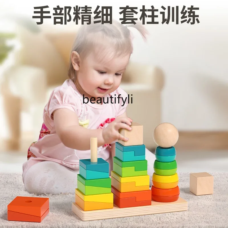 ไม้Rainbow Stack Music Building Block Tower Early Educationของเล่นเพื่อการศึกษาความเข้มข้นเด็กทารกStackเพลง