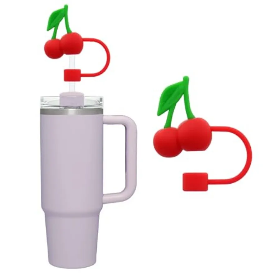 Cubierta de paja de silicona con cerezas rojas para cubiertas de 10mm, tapa para accesorios de copa Stanley, bonita tapa para vasos, tapón para Reus