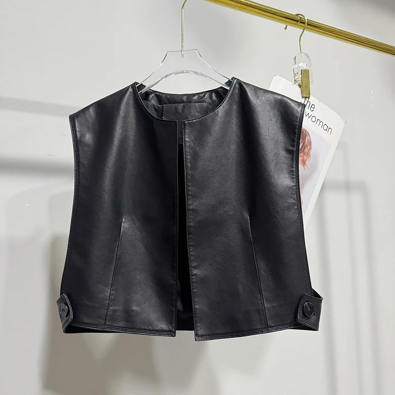 Black/Coffee Genuine Leather Vests for Woman Spring Summer Plant Tanned Sheepskin Simple Casual Short Sleeveless Jacket Chaleco