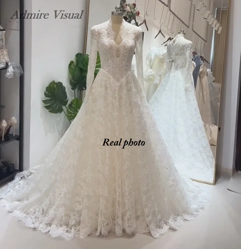 

Admire Visual Свадебное платье трапециевидной формы с кружевным вырезом в форме сердца и длинными рукавами, со шлейфом часовни, платья невесты по индивидуальному заказу