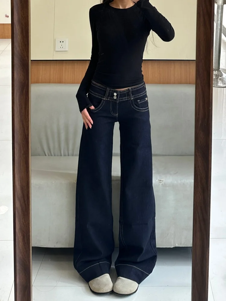 

Retro American Deep Blue Flared Jeans Women's Spring 2026 New Style Spicy Double Waist Buckle Floor-Length Pants