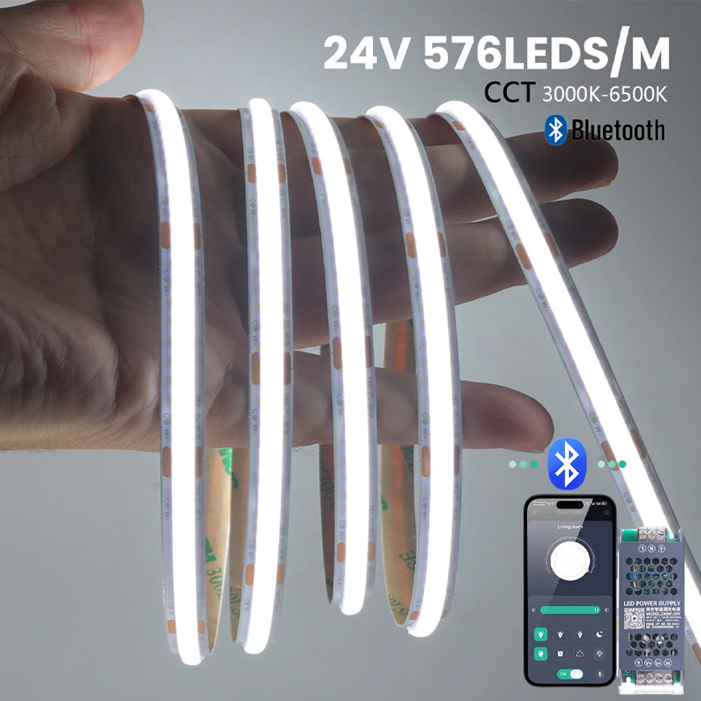

CCT 24V 576LED/M COB Светодиодная лента Bluetooth APP с регулируемой яркостью Источник питания Гибкая лента 8 мм PCB 3000K 4000K 6000K Украшение дома