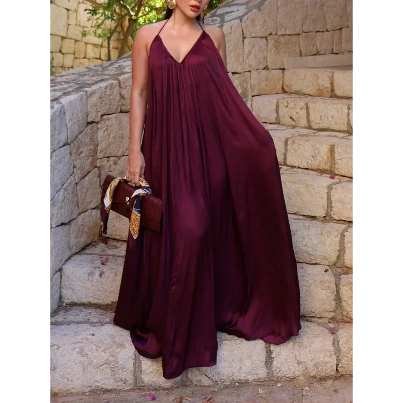 Sexy Chic Women's Satin Party Dress V-Neck Halter Pleated Maxi Fashion 2025 Evening Club Festival Elegant Chic