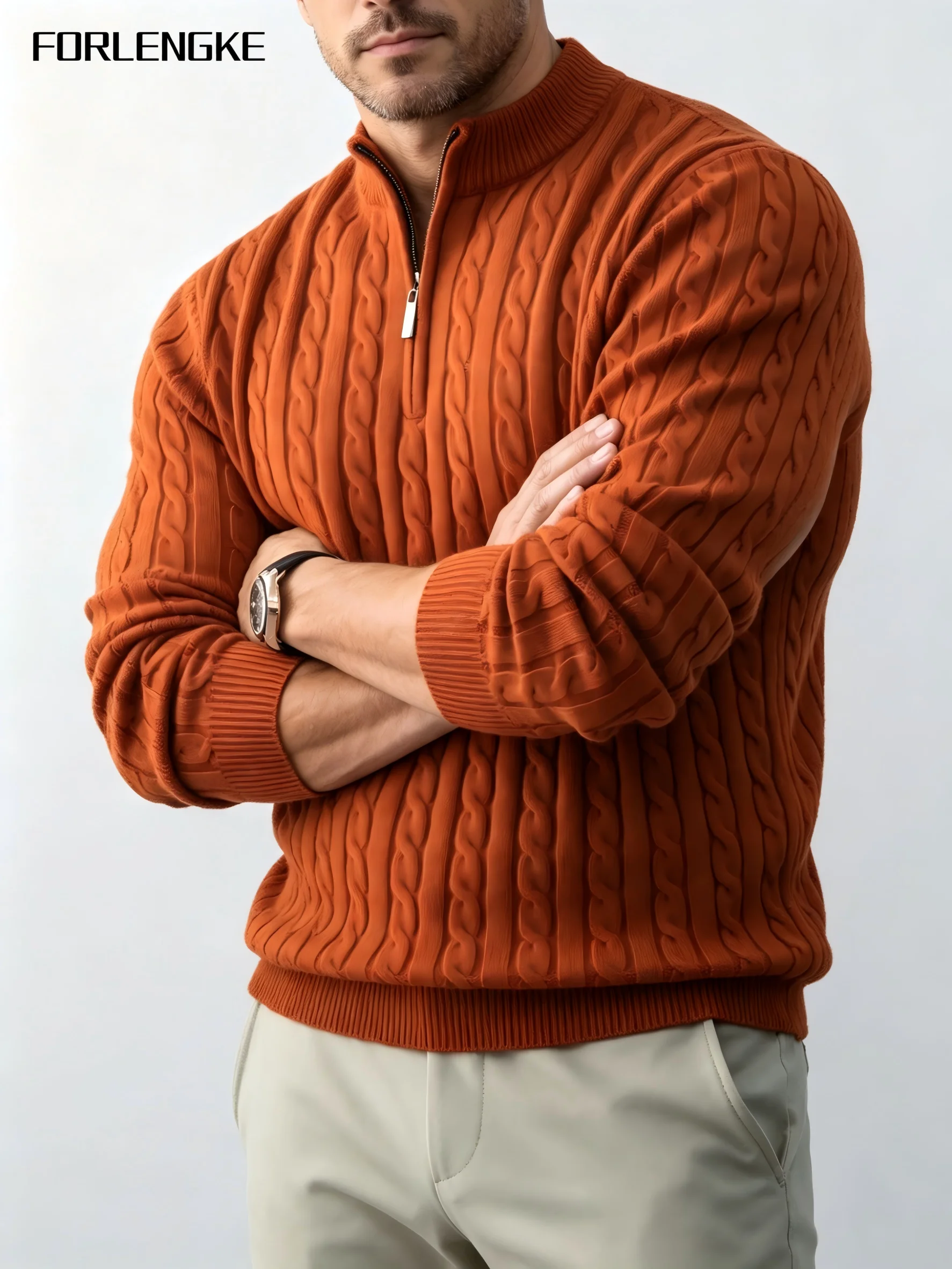 FORLENGKE Herren Business Casual Halbzip-Pullover mit Stehkragen, Weicher Warmer Acryl-Langarm-Pullover für Herbst und Winter – Detail 8
