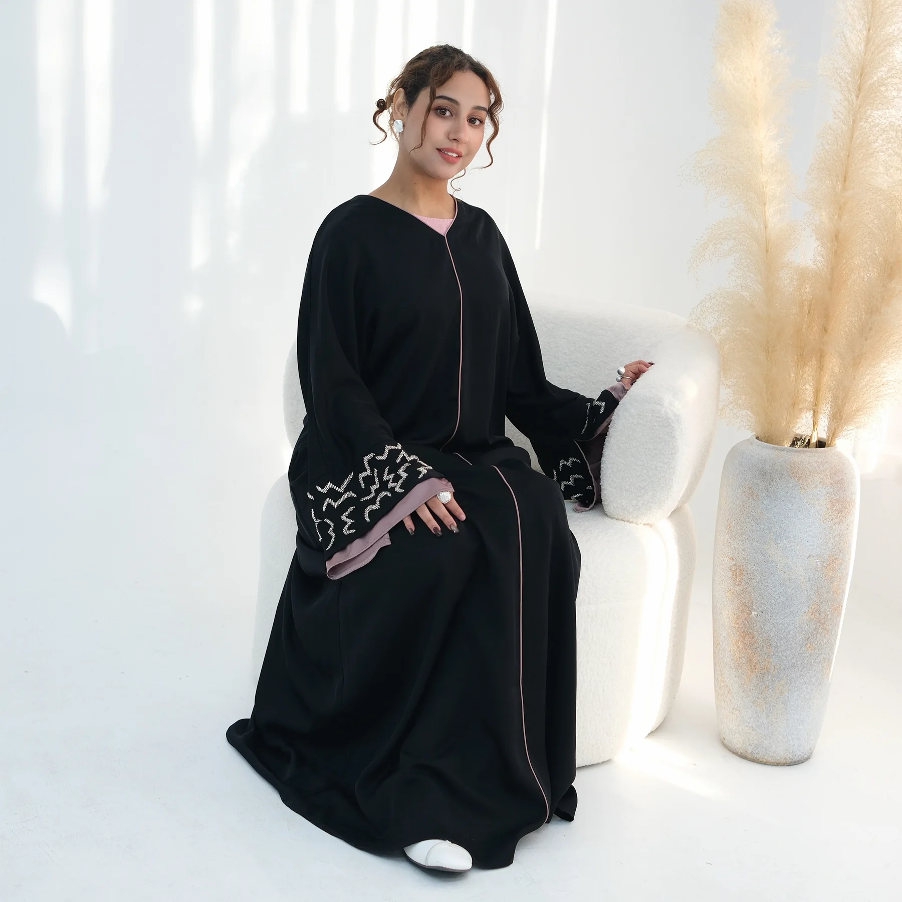 Dubai Offene Abaya Perlen Kimono Strickjacke Frauen Muslimischen Kleid Eid Abbayas Türkei Kaftan Kebaya Kaftan Marocain Frauen Kleid Jalabiya