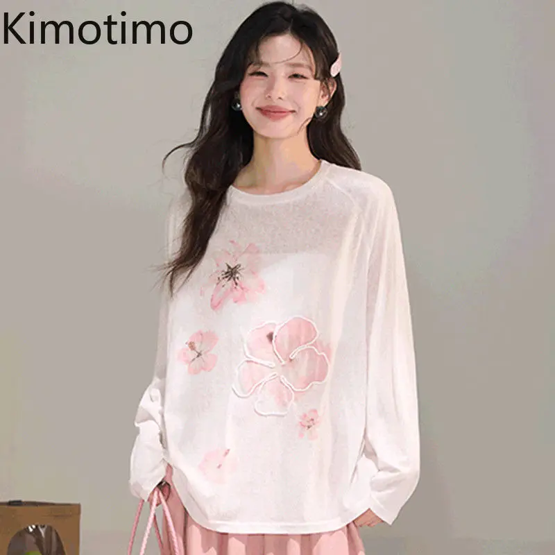 

Kimotimo Y2k Printed Long Sleeve T Shirt Women 2025 Autumn New O Neck Loose Thin Tops Korean Sweet Casual Micro Transparent Tees