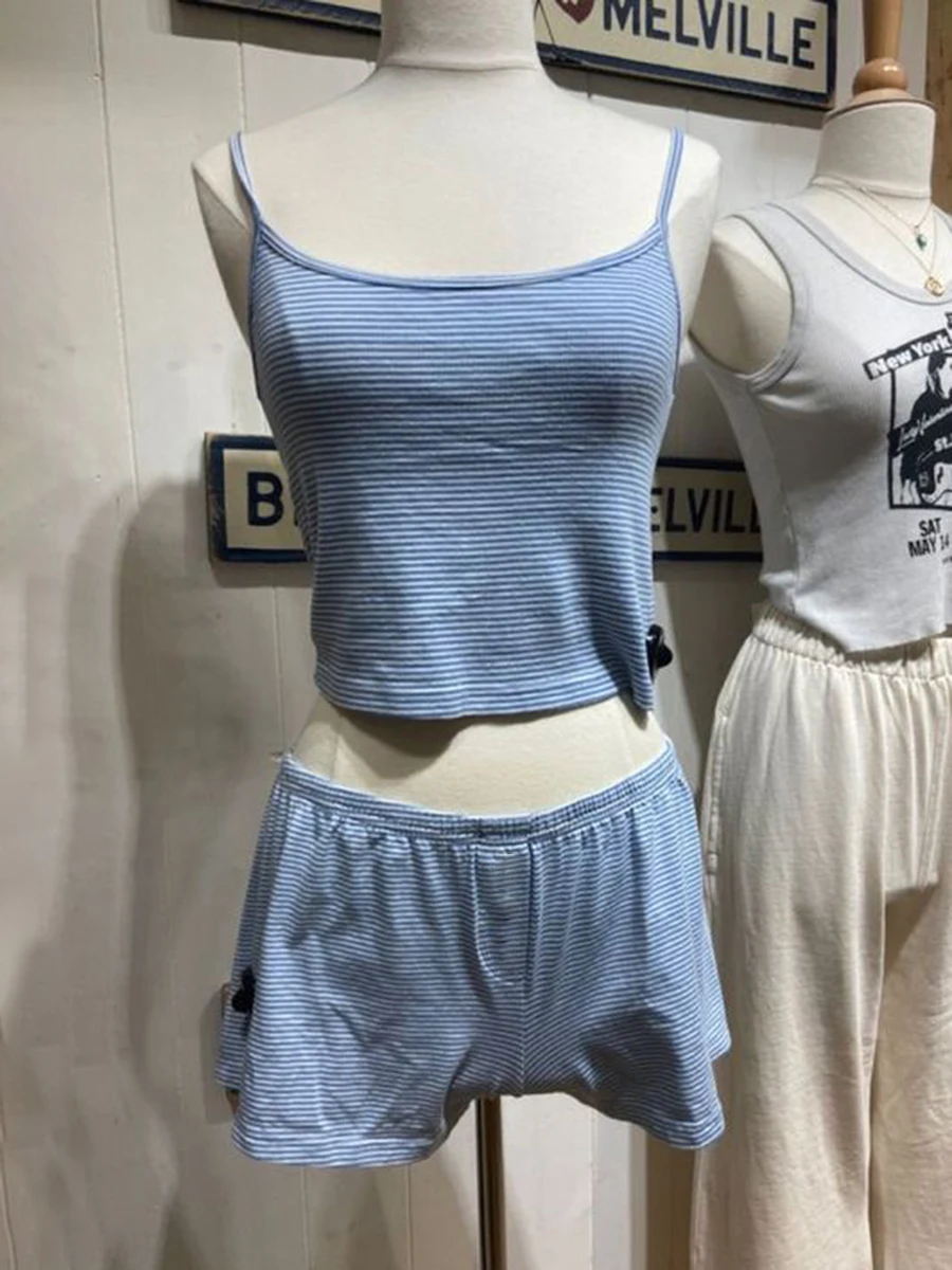 Blue Striped Vest Shorts Pajama Set Women Summer Slim Crop Top+Elastic Straight Sweatshorts Vintage Cotton Home 2 Piece Sets Y2k