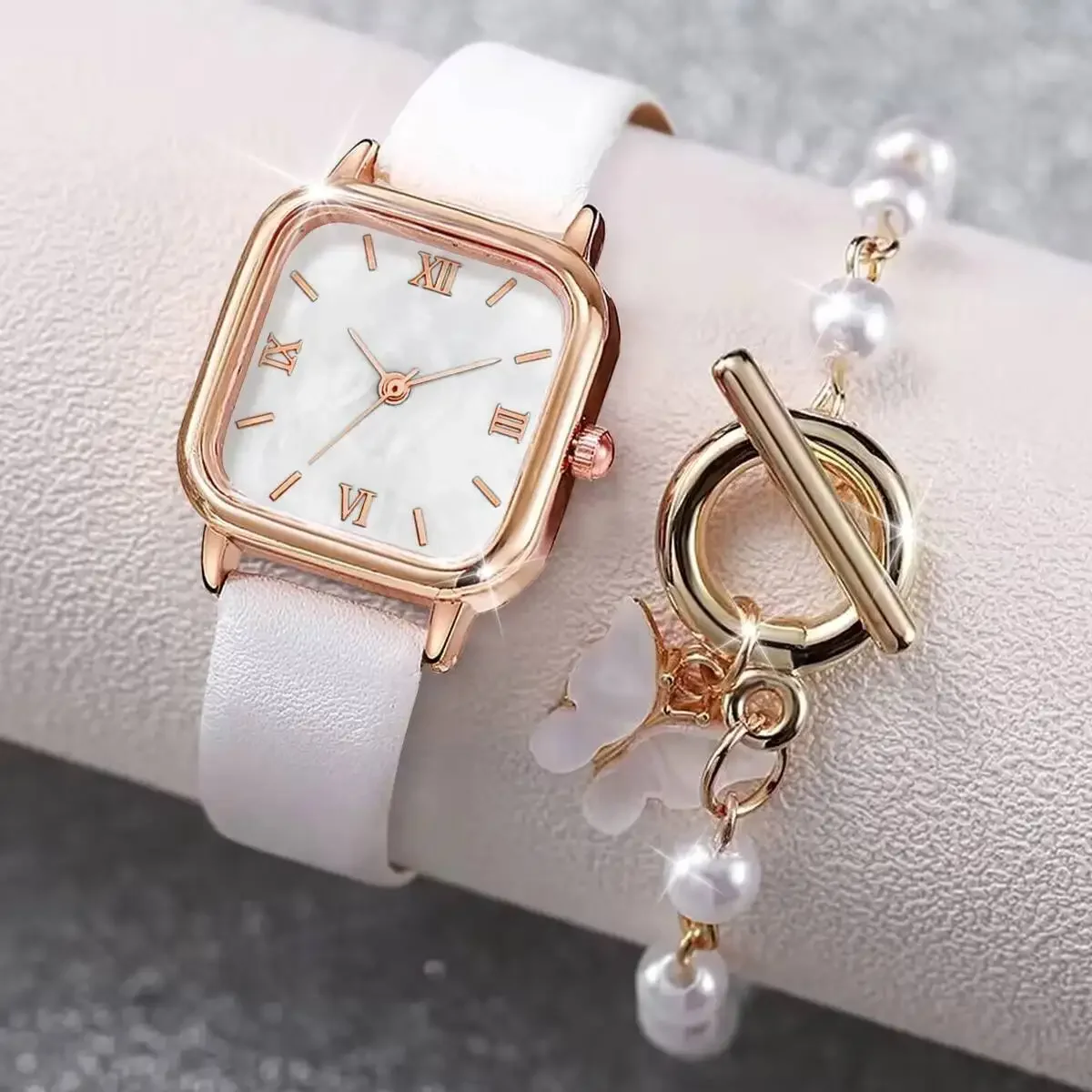 2PCS/Set Fashion Square Women Watches Casual Leather Strap Quartz Wristwatch Pearls Butterfly Bracelet Set Reloj Mujer