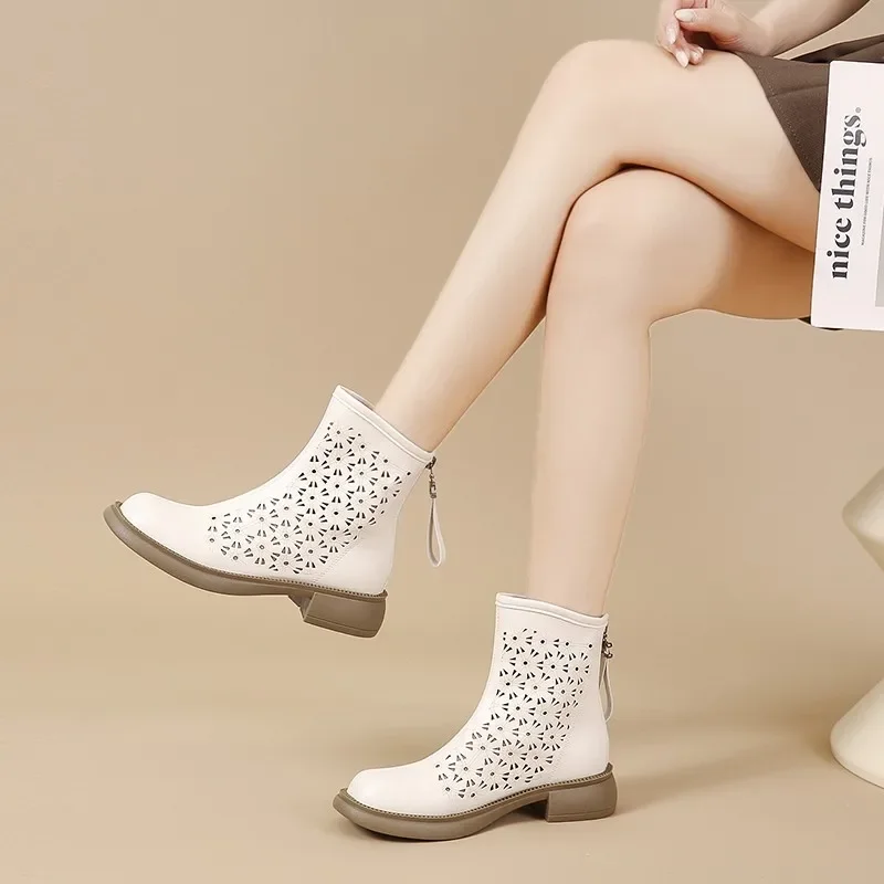 

Retro genuine leather hollow cool boots for women with thick soles and lace up Korean zipper casual women's shoes