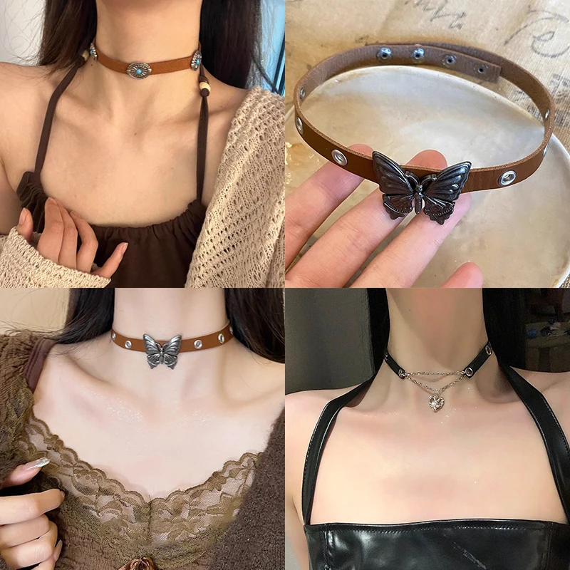 Y2k Butterfly PU Necklaces Metal Chain Punk Necklace Clavicle Chain Maillard Women Necklaces Jewelry