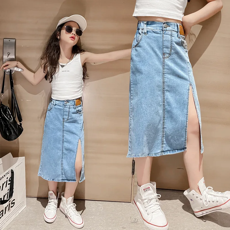 4 6 8 10 12 14 Year Teen Girls Denim A-line Skirt New Fashion Korean Version Split Long Skirt Children Clothing Birthday Present