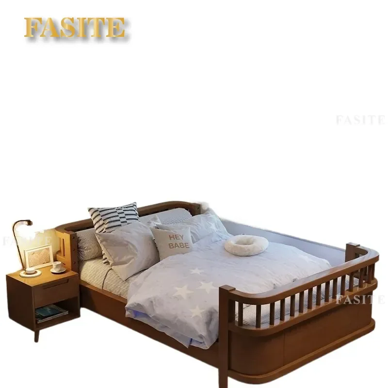 Solid Wood Kids Bed with 3 Sided Guardrail Princess Single Bed for Girls Boys Splicing Large Widened Toddler Bedroom