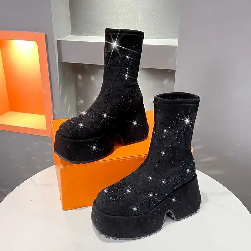 Top Quality Women Elastic Boots Casual Ankle Boots Women Rhinestone Sneakers Black Botas Mujer Plus Size Crystal Botines