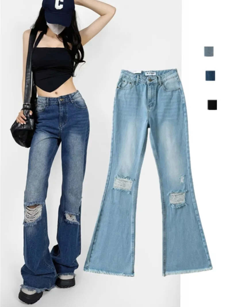 Pantalones vaqueros americanos Retro descoloridos Bell Bot, pantalones largos de cintura alta, adelgazantes, cónicos, deshilachados, hasta el suelo, corte de bota, pantalones vaqueros