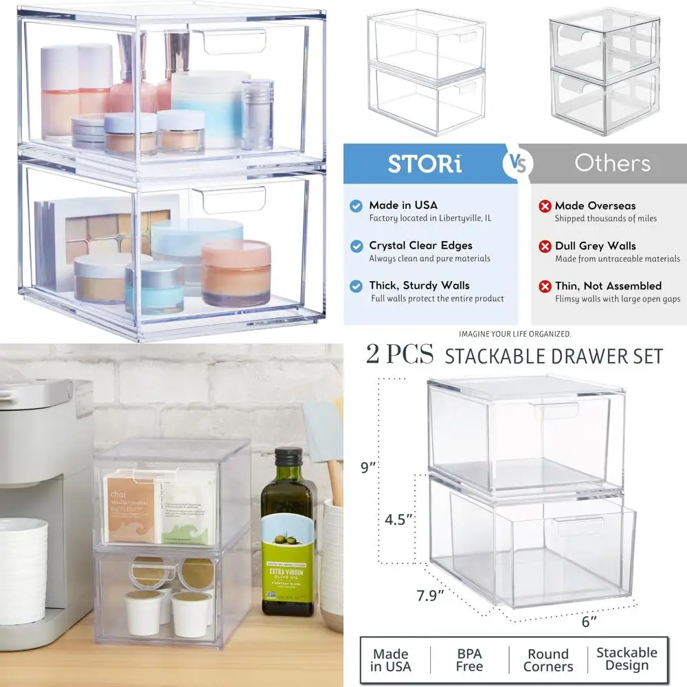Clear Plastic Stackable Drawer Organizers | 2-Piece Set | Vanity Storage for Cosmetics & Beauty Essentials
