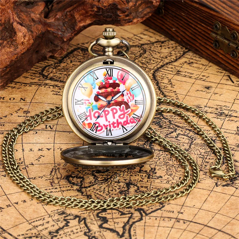 Antique Style Clock Hollow Out Happy Birthday Design Men Women Quartz Pocket Watch Roman Number Necklace Pendant Chain Gift