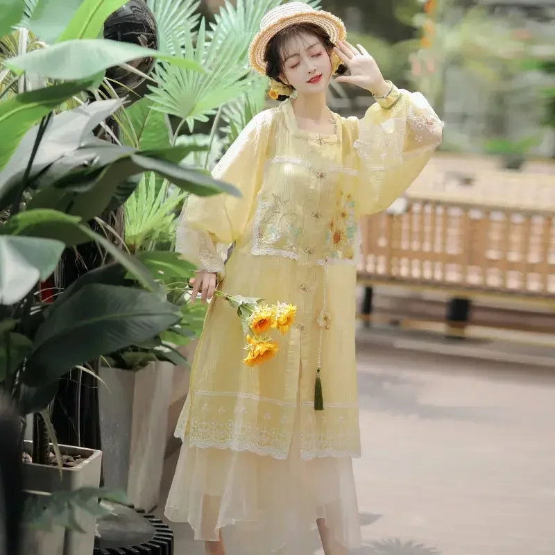 Ming Dynasty Hanfu Suit Yellow Square Collar Butterfly Sunflower Embroidered Long Sleeved Top White Skirt Women Cute Tang Suit