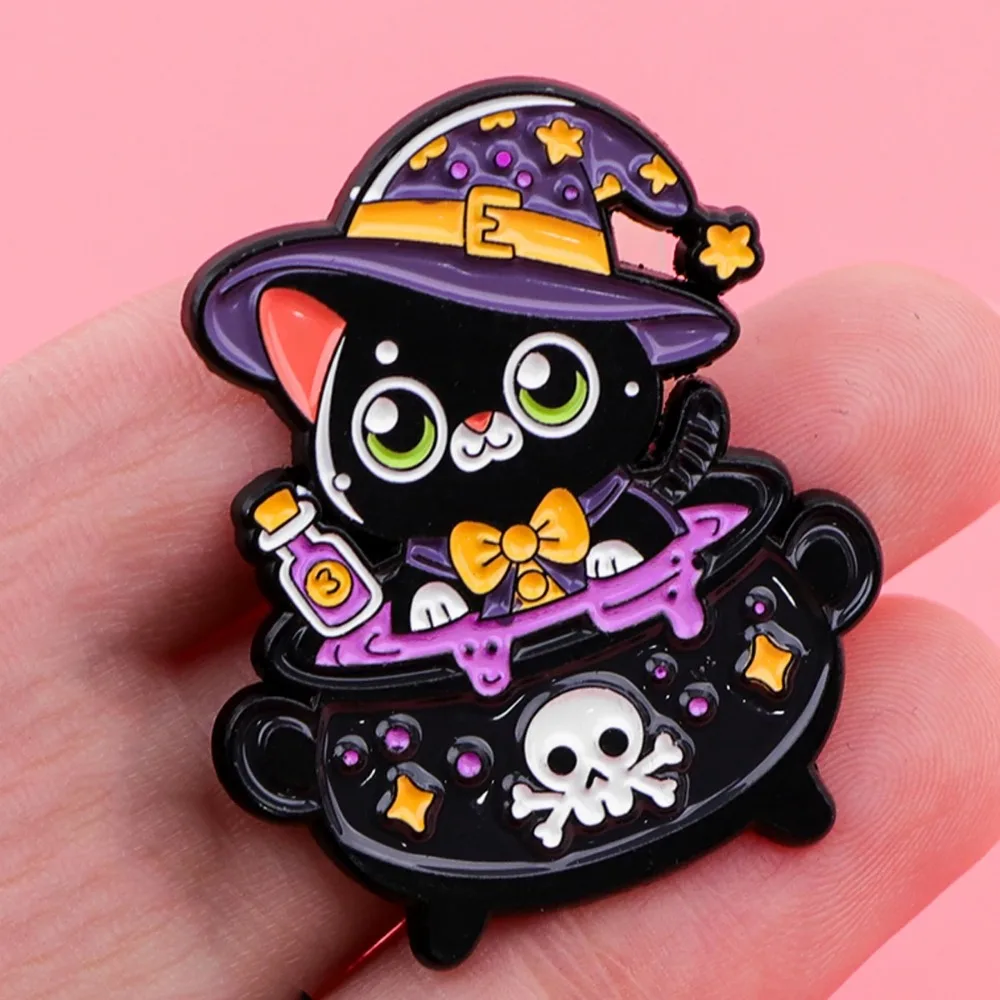 Cute Cartoon Witch Black Cat Enamel Pin Kawaii Kitten Metal Badge Animal Brooch for Jewelry Accessory Christmas Gifts