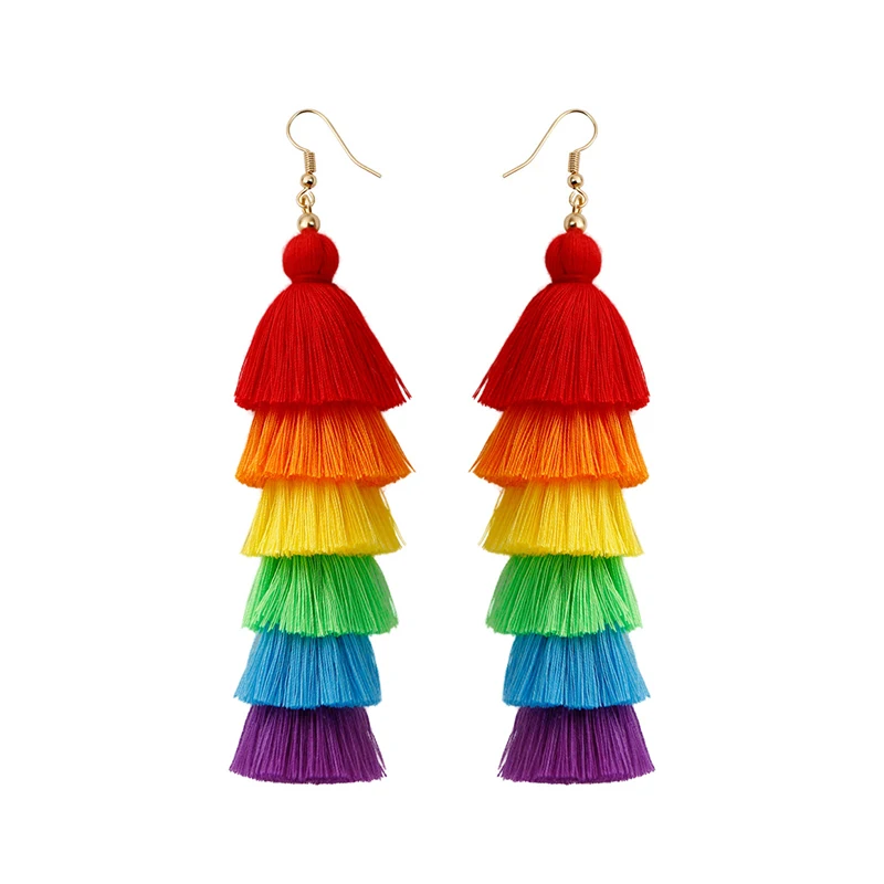 3*12cm Handmade Rainbow Tassel Earrings for June Celebration - 6-Tier Macrame Cotton Tassel Earrings Bisexual Gay Pride LGBT