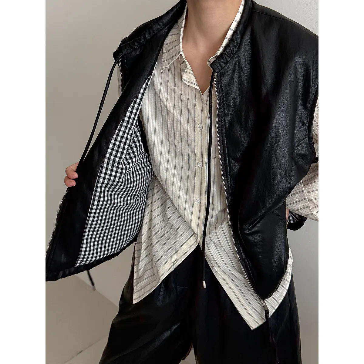 Veste en cuir PU à Clip cheval pour femme, Design rétro, superposition d'automne, décolleté à lacets, haut ample sans manches