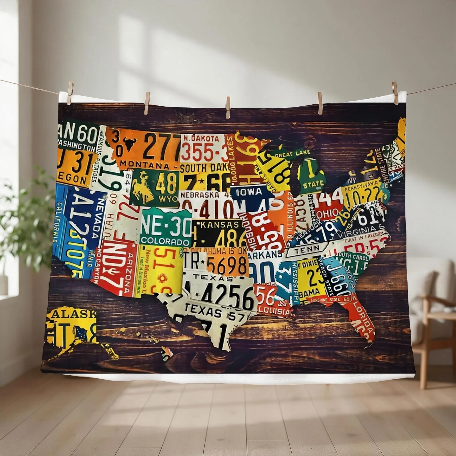 United State of America License Plate Map Throw Blanket couch cozy soft plush fuzzy picnic outdoor blanket