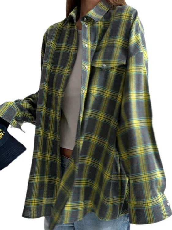 

Ретро-рубашка с отложным воротником, свободного кроя, женская, универсальная, с ярким узором, длинный рукав, весенняя мода